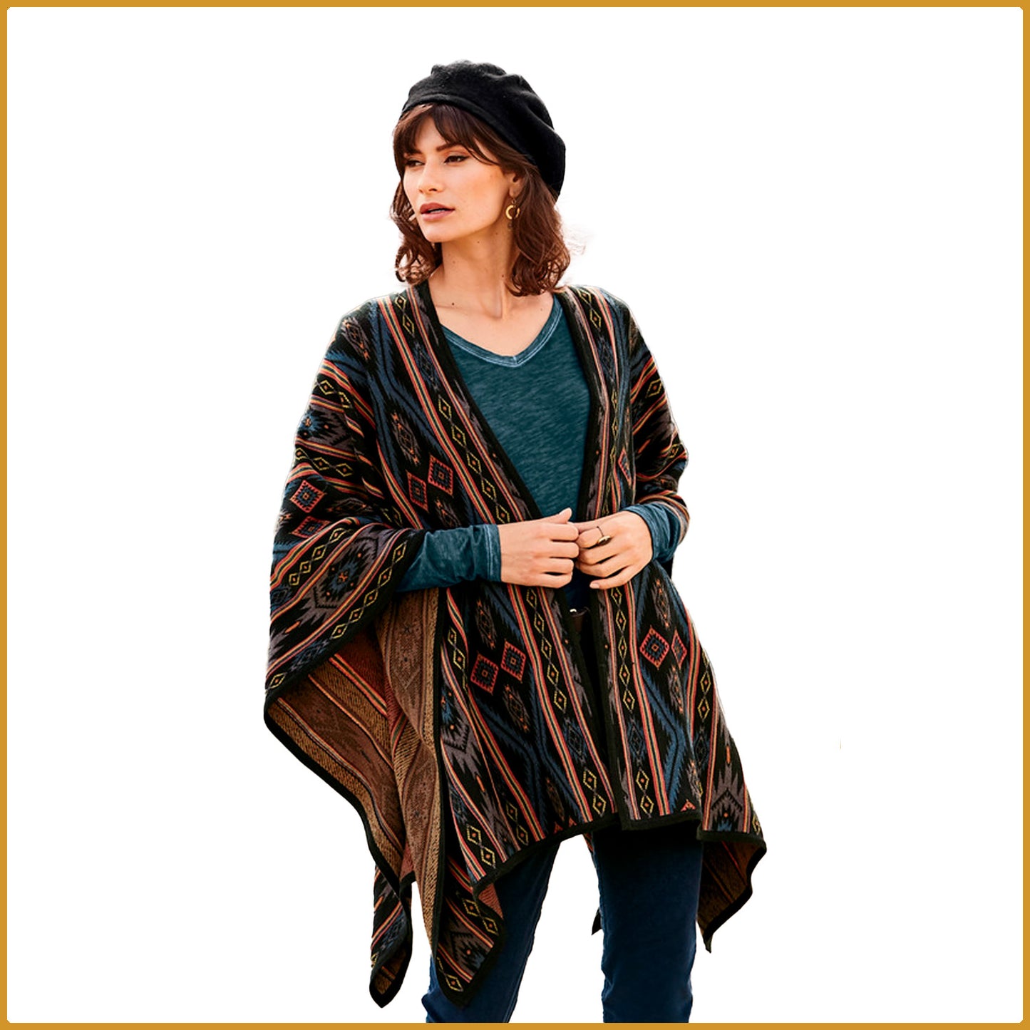 Poncho avec bandes en tissu ethnique