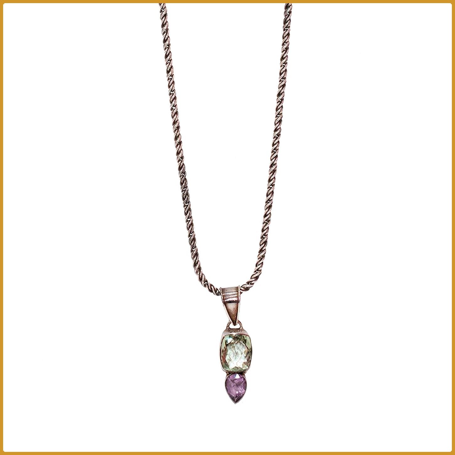 Grosse chaine en argent avec pendentif en pierres sulltanite et améthyste